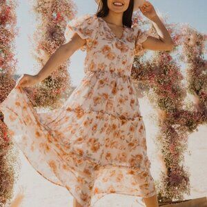 Bohemian Dusty Orange Floral Midi Dress Sz S by Blu Pepper